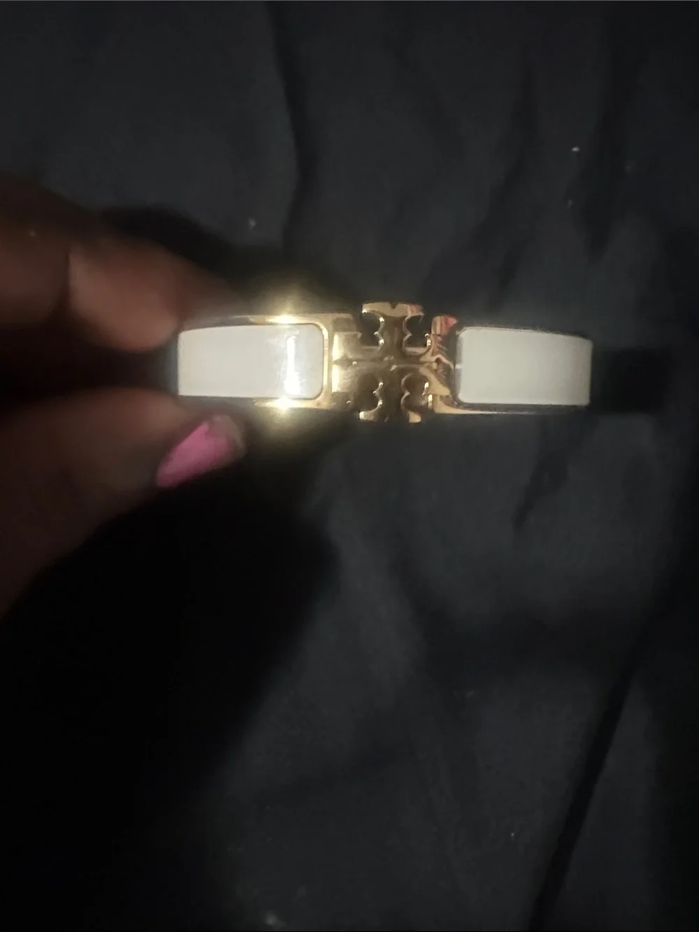 Tory Burch Gold-Tone Logo Hinge Bangle with White Inlay